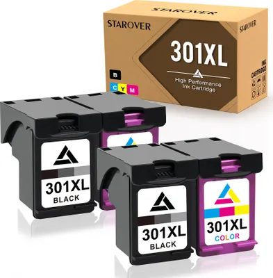 Four ink cartridges and their packaging are displayed.
