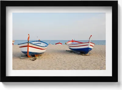 Produktbild von Boote am Strand– Wandbild mit Rahmen – Gerahmtes Bild  – Wanddekoration – 30x20 cm –  Schwarz Rahmen