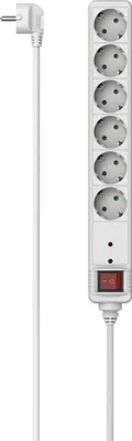 A white power strip with six outlets and a red on/off switch, connected to a white power cord with a right-angled plug.