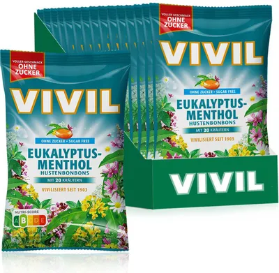 Produktbild von VIVIL Eukalyptus-Menthol Hustenbonbons ohne Zucker | 15 Beutel