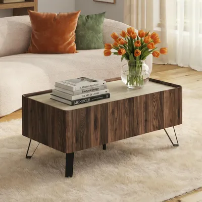 Produktbild von Couchtisch 'Trorlon' mit 2 Schubladen 100 x 50 x 40 cm Walnussoptik / Travertin