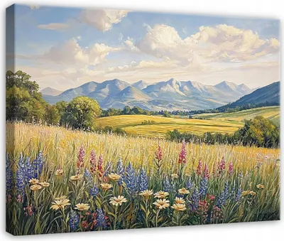 Produktbild von Leinwandbild Blumenwiese Feld Natur Aquarell 100x70 cm Modern bild für die wand bereit zum aufhängen