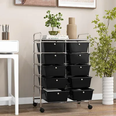 Immagine prodotto di Carrello portaoggetti con ruote, 10 cassetti, nero, struttura in metallo