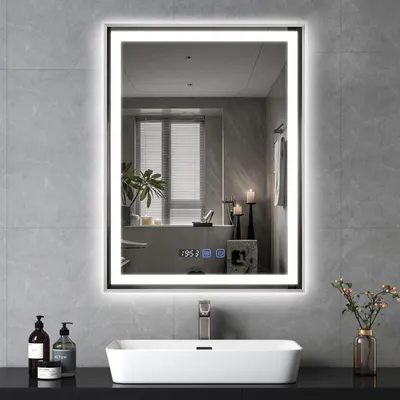 Productafbeelding van Puluomis badspiegel 60x80, anti-condens, met 3 kleuren verlichting, dimbare helderheid, badkamerspiegel met digitale klok en temperatuurweergave, zilverkleurig