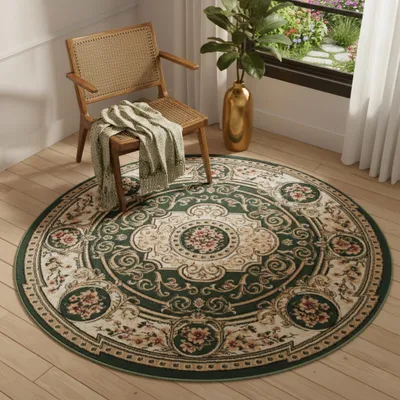 Produktbild von Tapiso Teppich ATLAS Rund orientalisch Blumen grün Wohnzimmer 140 x 140 cm