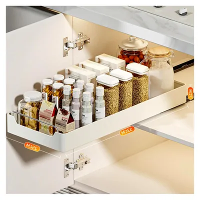 Produktbild von Küchen Organizer Teleskopschublade, Ausziehbarer Schrank Organizer, Ausziehbare Schublade zum Kleben, Küchenschrank Organizer ohne Bohren und Schrauben (Größe: 53 * 25 * 7 cm)