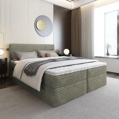 A modern bedroom with a large bed, nightstands, and a window with curtains.