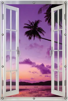 Produktbild von Wallario Outdoor-Poster für Garten oder Balkon 100 x 150 cm: Sonnenuntergang unter Palmen  Himmel in lila und orange