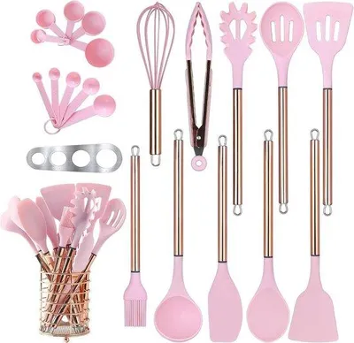 Produktbild von Silikonkochgeschirr-Set mit Aufbewahrung - Antihaftkochgeschirr - Hitzebeständige Kochspatel - Edelstahlgriff - Kochhilfsmittel - Rosa