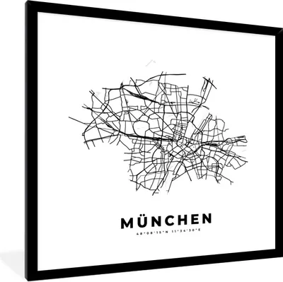 Produktbild von MuchoWow® Gerahmtes Poster Karte - Stadtplan - München - Deutschland - Schwarz-Weiß 40x40 cm - Poster mit Schwarzem Bilderrahmen Wandposter Rahmen Foto Bilder - Mit Rahmen - Wanddekoration Schlafzimmer