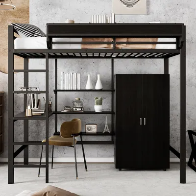 A loft bed with a desk, shelves, and a wardrobe underneath, set against a concrete wall.