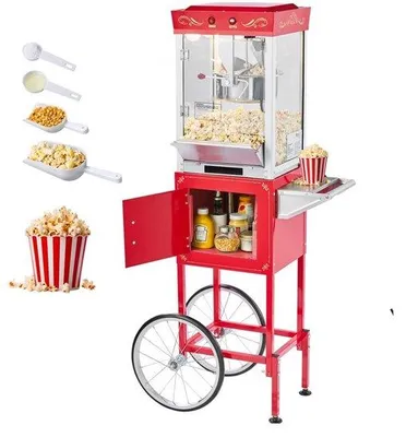 Immagine prodotto di Macchina per popcorn 800W con bollitore e carrello - Macchina per popcorn commerciale, 48 tazze per carico - funzionamento a 2 pulsanti, parete in vetro e porta PC - inclusi 1 porzionatore e 3 cucchiai - Rosso