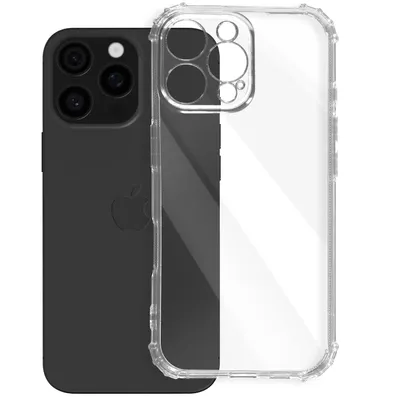 A black iPhone and a clear protective case are shown side-by-side against a white background.