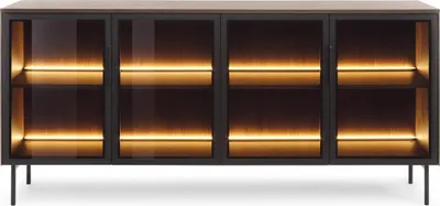Produktbild von Sideboard Kommode LUMI 181 cm Eiche Dunin 4 Glastüren braunes Antisol-Glas LED Loft Modern
