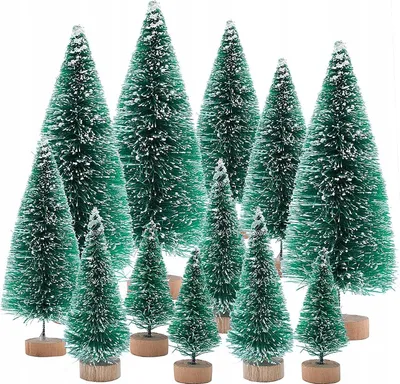 Image de 12 sapins de Noël miniatures en vert avec kit de décoration effet neige