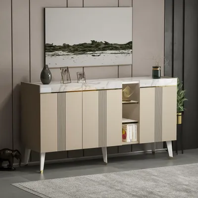 Produktbild von Homidea KARYA Konsole – Kommode – Sideboard – TV Board – mit 3 Türen in modernem Design 150 x 81.8 x 41.8 cm (Konsole - Beige/Marmor)