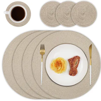 Produktbild von Set aus 4 runden Platzdeckchen und Untersetzern - Waschbar und hitzebeständig Khaki