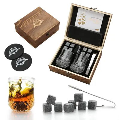 Produktbild von Whiskygläser-Set mit Granitsteinen und Holzbox – Geschenk für Männer