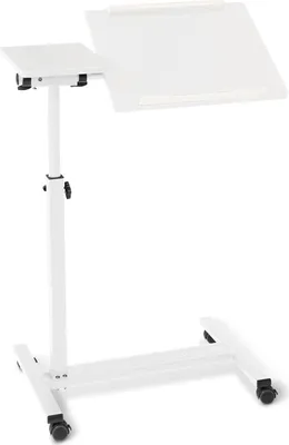 A white, adjustable rolling table with two platforms, one smaller and one larger, on a white background.