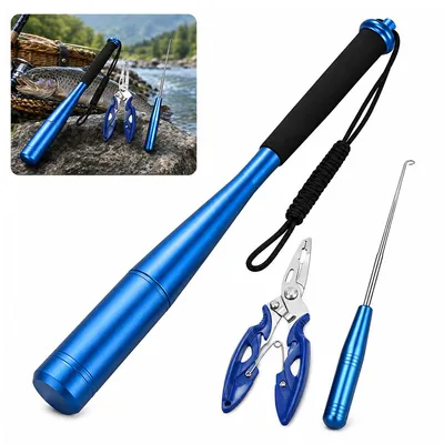 Produktbild von Fischhakenlöser Set 3-teilig, Angelzange und Hakenentferner aus Aluminium, Angelzubehör Werkzeug Set mit Fischbetäuber für Forellen, Karpfen und andere Fische