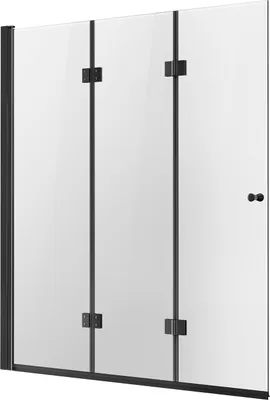 A frameless, foldable shower door with black metal accents and clear glass panels.