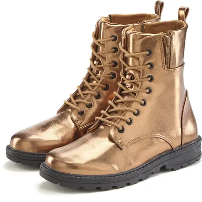 A pair of bronze-colored lace-up boots on a white background.