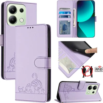 Collage of images showing a purple phone case with a cat design, its interior card slots, and a phone inserted.