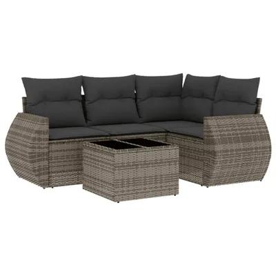 Image de Salon de jardin modulaire 5 pcs avec rangements intégrés, résine tressée grise, coussins déhoussables, table en verre trempé, résistant aux UV