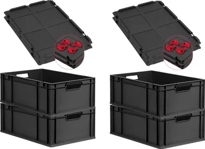 Produktbild von SuperSparSet 3x Eurobox NextGen Grip mit Auflagedeckel inkl. 4 gelben Schiebeschnappverschlüssen | HxBxT 32x40x60cm | 65 Liter | Schwarz | Griffe offen | Verstärkter Boden | Eurobehälter, Transportbox, Transportbehälter, Stapelbehälter
