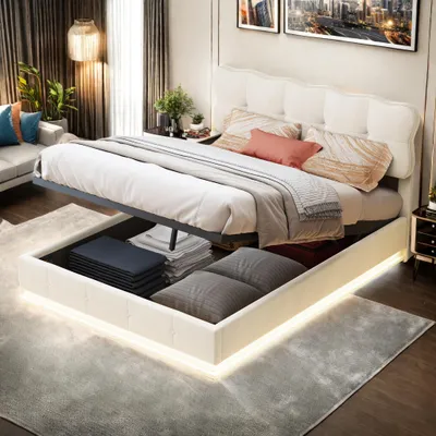 Produktbild von Doppelbett 140 x 200 cm in beigefarbenem Samt mit Gasdruckfederung, mehrfarbiger LED-Beleuchtung unter dem Bett und Fernbedienung inklusive