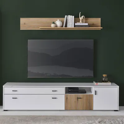 Produktbild von TV Lowboard 200cm und Wandboard weiß matt Eiche gerillt HUNTER-61