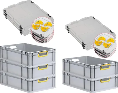 Produktbild von SuperSparSet 5x Eurobox NextGen Color mit Auflagedeckel und Schiebeschnappverschlüsse | HxBxT 17x40x60cm | 34 Liter | Grau | Griffe gelb offen | Glatter Boden | Eurobehälter, Transportbox, Transportbehälter, Stapelbehälter