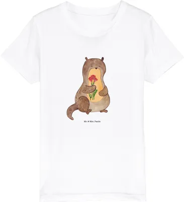 Produktbild von Mr. & Mrs. Panda Kleinkinder T-Shirt Otter Blumenstrauß 9-11 Jahre (134/146) - Weiß - Geschenk, Niedlich, Süß, Kinder Baumwoll, Kindershirt, Shirt, Seeotter, See