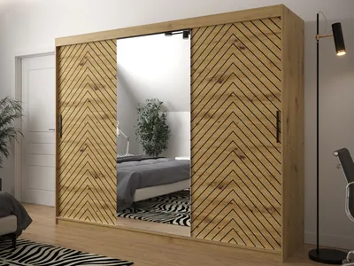 Obrázek produktu pro Velká šatní skříň 250 cm se zrcadlem ORIOT - dub artisan / černá