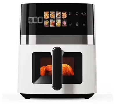 Obrázok produktu pre Fritovací hrn na horúci vzduch - 5,5 l, 1500 W. Fritovací hrn s priehľadným okienkom. Rýchla cirkulácia horúceho vzduchu. 8 programov. Regulácia času a teploty. Dotykový displej. Biela farba, s európskou zástrčkou