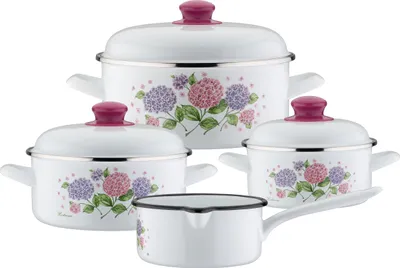 Produktbild von GSW Kochtopf-Set Hortensie 7-tlg., 189989, Stahl-Emaille, ca. 1,4 L / ca. 2,8 L / ca. 4,7 L / ca. 1,4 L