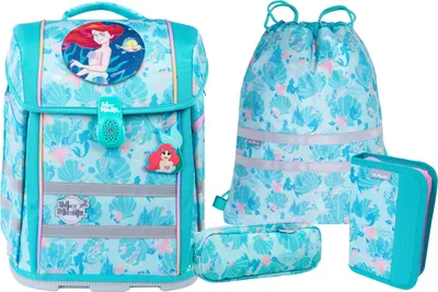 A set of school supplies with a mermaid theme, including a backpack, a drawstring bag, a pencil case, and a larger pencil case.