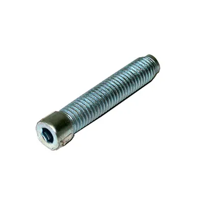 A single metal screw with hexagonal socket head, lying on a white background.