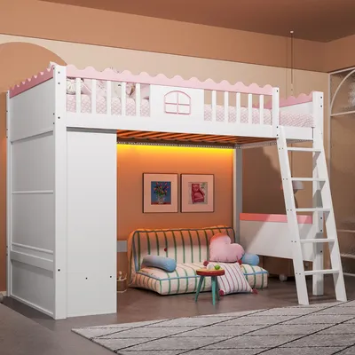 Produktbild von Odikalo Hochbett Jugendbett Kinderbett,Einzelbett mit Kleiderschrank Schublade 90x200cm Weiss