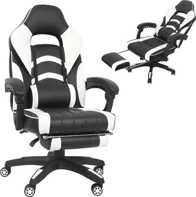 Two gaming chairs are shown against a white background. One is in the foreground, and the other is in the background, reclined with a footrest extended.