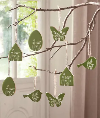 Produktbild von 8x Dekohänger "Frühling" aus Holz in grün, Osterdeko, Hängedeko, Osterei, Vogel, Haus & Schmetterling