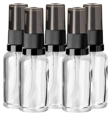 Produktbild von 5x Klare Glasflasche 20 ml mit schwarzer Pumpe Dispenserpumpe leer Set
