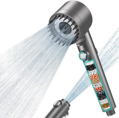 Produktbild von Antikalk-Entferner Duschkop mit Mehrfachfilter und 1,5 m Langlebigem Wasserhahn Duschtülle mit Hochdruck-Wasser-Sparfunktion und 3 + 1 Wasserstrahl-Ausgängen.