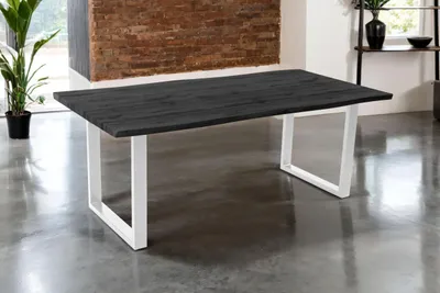 Produktbild von Esstisch Josy | 200 x 100 cm | Holz-Optik in Grau | U-Gestell Metall weiß | 40 mm Tischplatte mit Baumkante | Tisch für Esszimmer & Küche