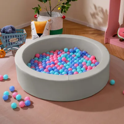 Produktbild von COSTWAY Bällebad Baby, Φ105x24 cm Bällepool mit 200 Ozeanbällen, Abnehmbarer Bodenmatte & waschbarer Kunstlederbezug, Ballgruben für Kinder 3+ Grau