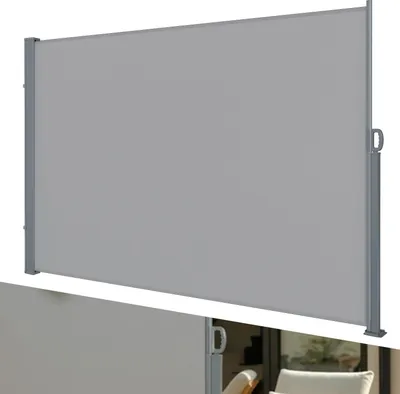 Produktbild von Ikodm Seitenmarkise 300 x 180 cm Ausziehbar Windschutz, Sichtschutz für Balkon & Terrasse, Seitenrollo mit Wandhalterung Sonnenschutz - Grau Markise