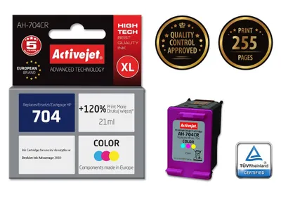 Produktbild von Activejet AH-704CR Tintenpatrone (Ersatz für HP 704 CN693AE; Prämie; 21 ml; farbe), Hohe (XL-) Ausbeute, Cyan, Magenta, Gelb, Tinte auf Pigmentbasis, 21 ml, 1 Stück(e), 440 Seiten