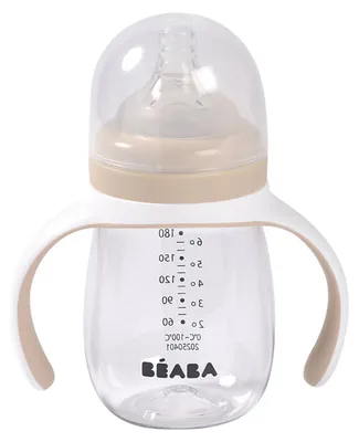 Image de BÉABA Biberon 2-en-1 et gobelet avec paille, 210 ml – 100% anti-fuite, facile à ouvrir, avec poignées amovibles, en Tritan et silicone, robuste et sans  – Couleur : Argile