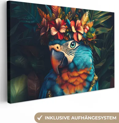 Produktbild von Leinwandbilder 90x60 cm - Tiere, Blumen - Papagei, Bilder Wohnzimmer Modern, Wanddeko