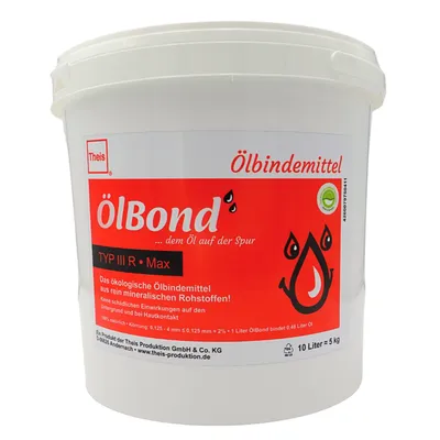 A white plastic bucket with a red and white label advertising oil absorbent material.